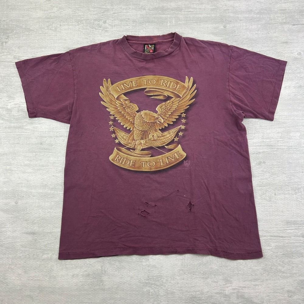 Vintage 90s Live To Ride 3D Emblem Shirt Size XL Purple Biker Eagle Motorcycle‎